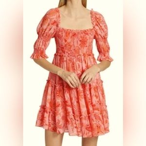 CINQ À SEPT JACKY PUFF-SLEEVE SMOCKED MINIDRESS IN ENGLISH ROSE MULTI NWT 14